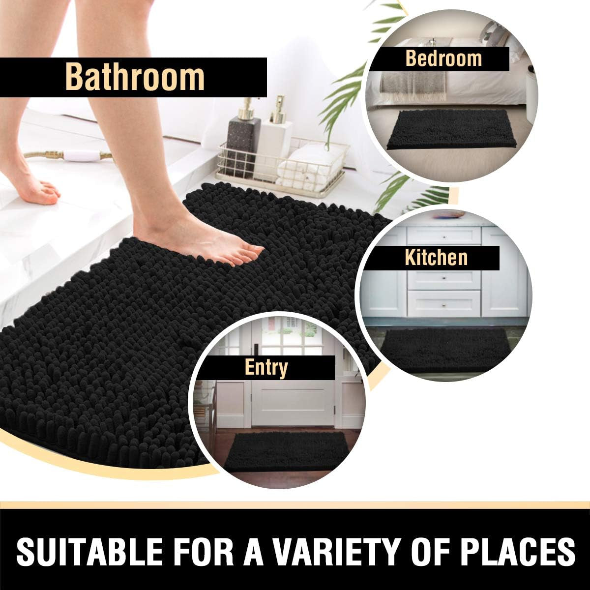 Black Bathroom Rug Set 2 Piece, Bath Mats for Bathroom Floor, Super Thick Soft Shaggy Chenille Bath Mats Machine Washable, Dry Fast Water Absorbent Bath Mats(20" X 32"/17" X 24")