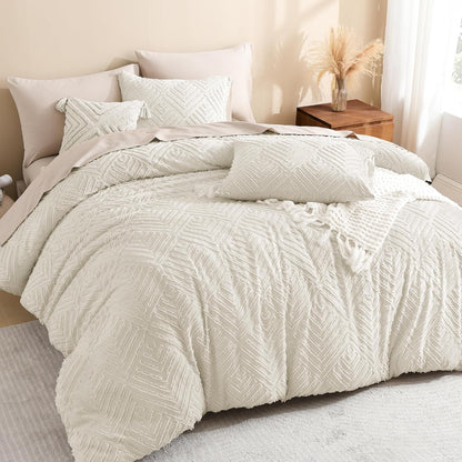 King Size Comforter Set Beige, 3 Pieces Cream Tufted Boho Farmhouse Bedding Comforter Sets, Lightweight Fluffy Comforter Bed Set for All Season (104X90In Comforter and 2 Pillowcases)