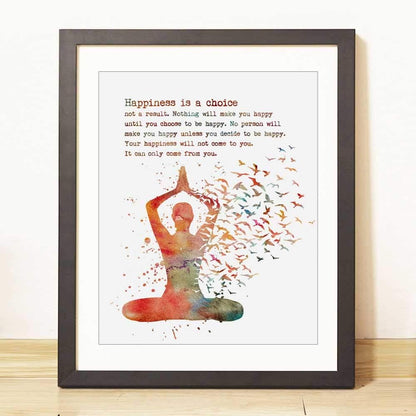 Yoga Art Happiness Is a Choice Motivational Quote Yoga Studio Wall Art Watercolor Print Yoga Woman Yogi Gift UNFRAMED 8X10Inch