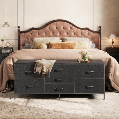 Bedroom Dresser and TV Stand Combo, 55-Inch Unit for 43-60 Inch TVs, Long Fabric Storage Solution with 7 Drawers, Black
