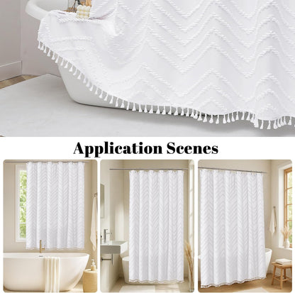 Boho Shower Curtain, White Fabric Cloth Shower Curtains Farmhouse Tufted Chevron Striped Textured with Tassel for Bathroom, Soft Hotel Style Modern Minimalist, Machine Washable, 72X72, White