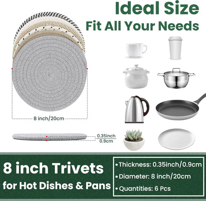8 Inch Trivets for Hot Dishes, Hot Pots and Pans, Thick Heat Resistant Large Coaster for Kitchen, Hot Pads, Kitchen Essentials, Kitchen Decor for Table & Countertop, 6 Pcs