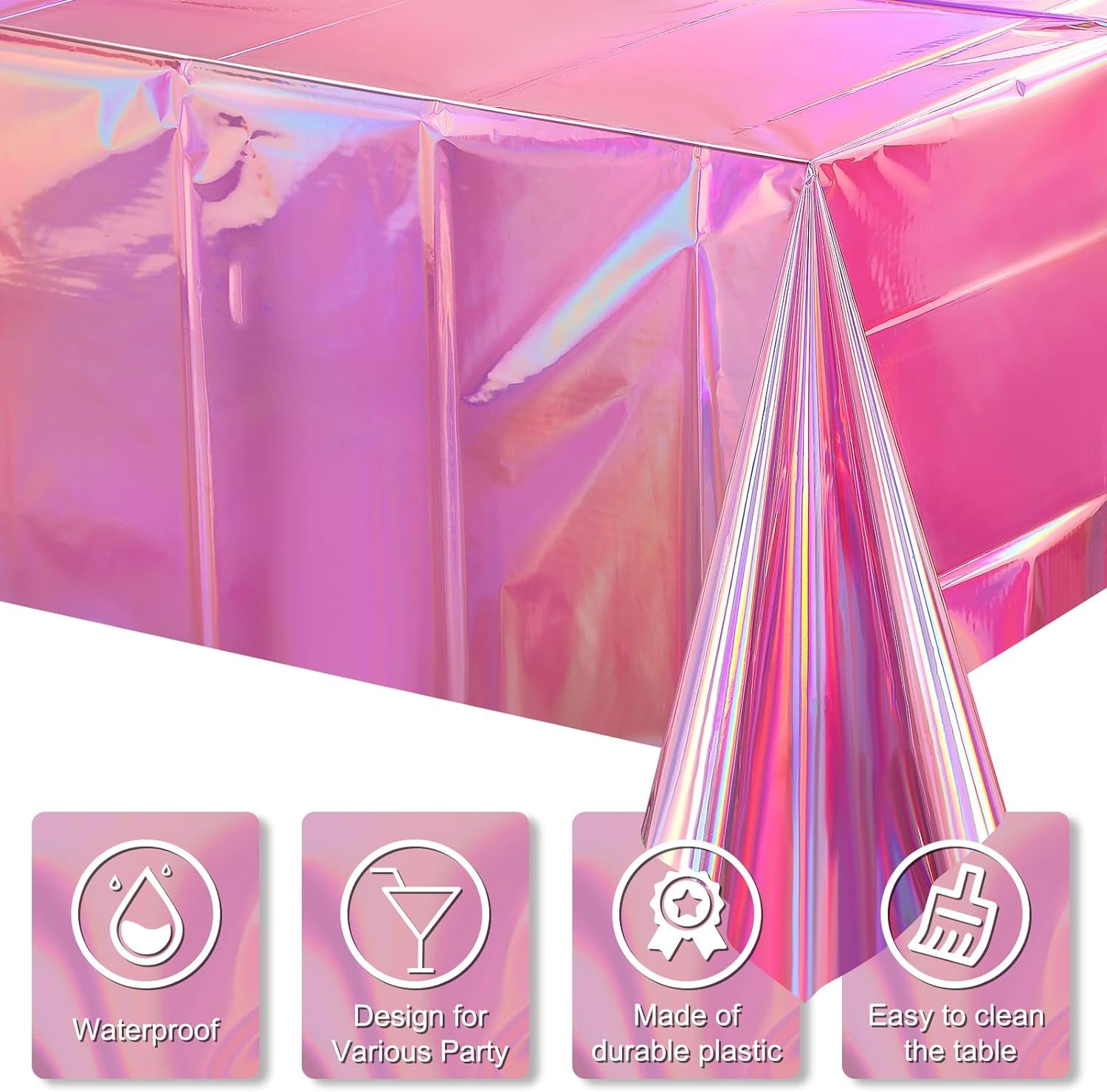 1 Pack Iridescent Pink Plastic Tablecloths,  Shiny Disposable Laser Rectangle Table Covers, Holographic Foil Tablecloth Iridescent Party Decorations for Birthday Wedding Christmas, 54X108Inch