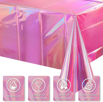 1 Pack Iridescent Pink Plastic Tablecloths,  Shiny Disposable Laser Rectangle Table Covers, Holographic Foil Tablecloth Iridescent Party Decorations for Birthday Wedding Christmas, 54X108Inch