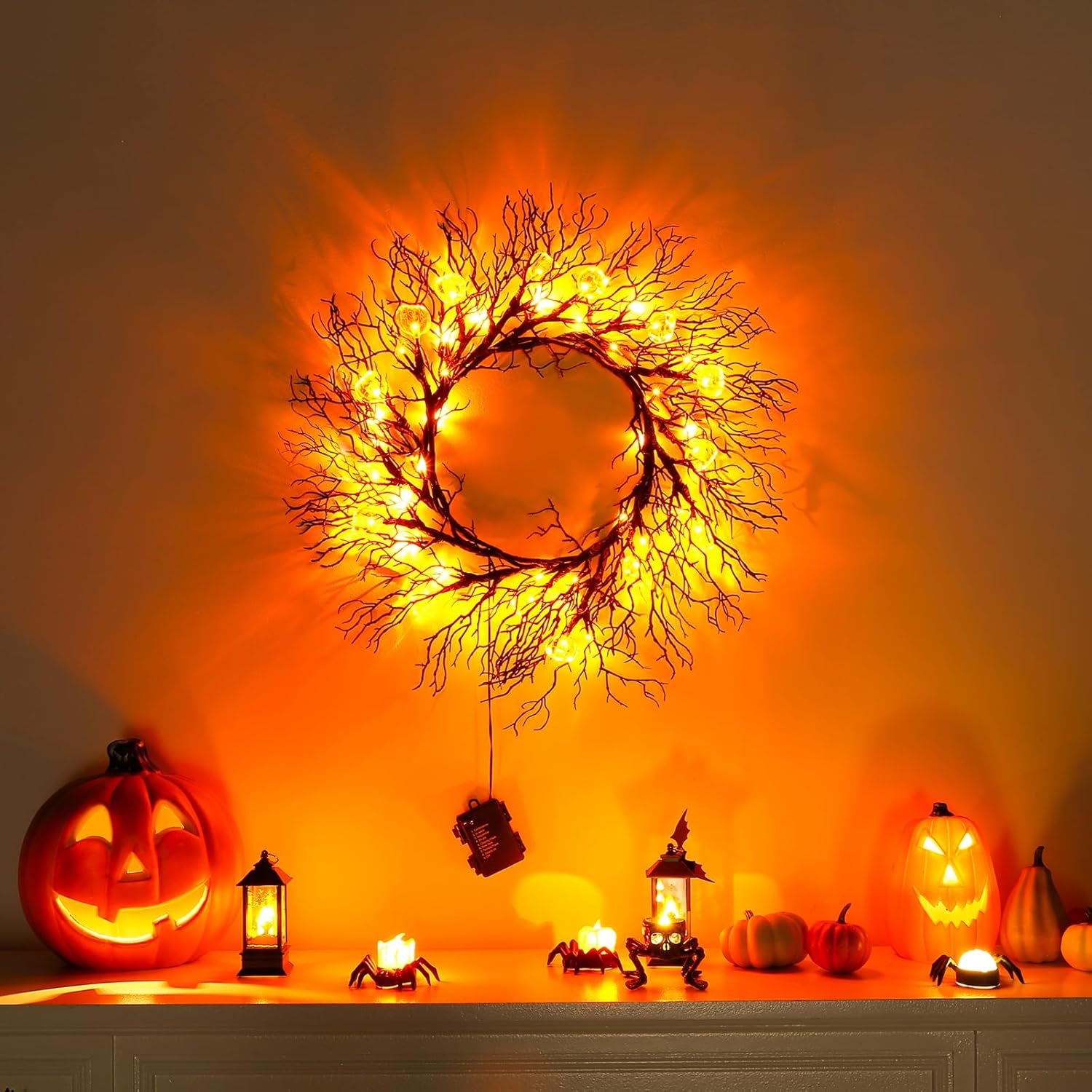 Halloween Garland with Lights Decorations with Pumpkin Lights,Battery Operated 6FT 47 LED Halloween Willow Vine Twig Garland for Mantle,Wall,Fireplace and Halloween Decorations