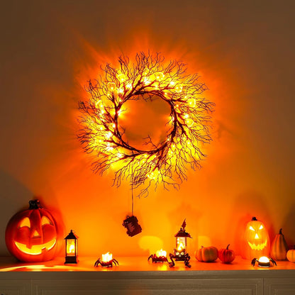 Halloween Garland with Lights Decorations with Pumpkin Lights,Battery Operated 6FT 47 LED Halloween Willow Vine Twig Garland for Mantle,Wall,Fireplace and Halloween Decorations