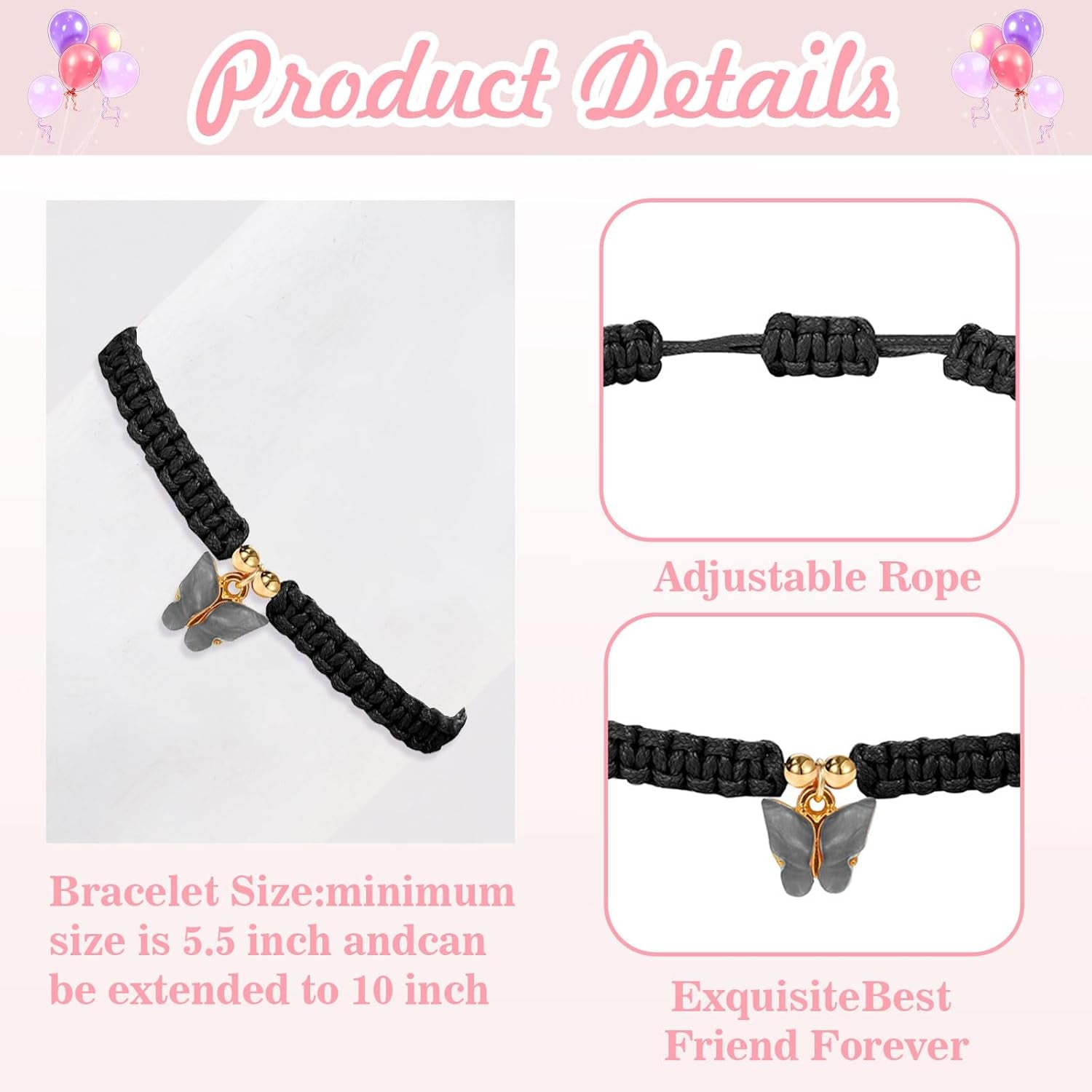 2Pcs Rope Woven Friendship Bracelets Best Friends String Matching Handmade Adjustable Butterfly Charm Cord Bracelets for Women Girls Lovers Couples Christmas Thanksgiving Gifts with Thanks Cards