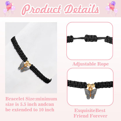2Pcs Rope Woven Friendship Bracelets Best Friends String Matching Handmade Adjustable Butterfly Charm Cord Bracelets for Women Girls Lovers Couples Christmas Thanksgiving Gifts with Thanks Cards