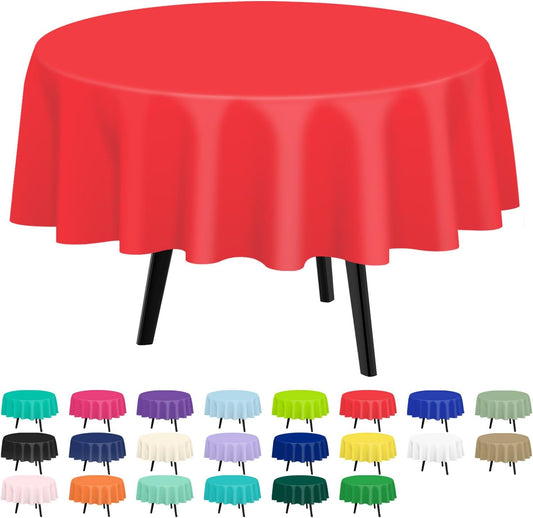 Red round Tablecloth 2 Pack, 84 Inch Plastic Table Cover Disposable for Parties