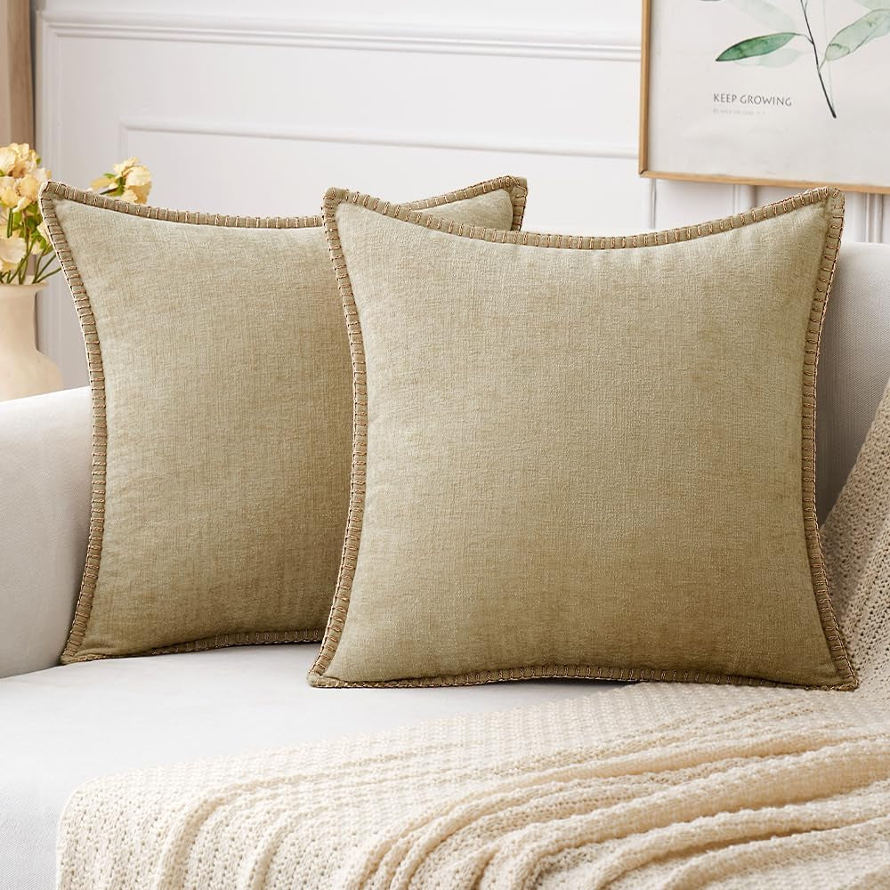 Pack of 2 Couch Throw Pillow Covers 18X18 Inch Beige Farmhouse Decorative Pillow Covers with Stitched Edge Soft Chenille Solid Dyed Spring Pillow Covers for Sofa Bed Living Room