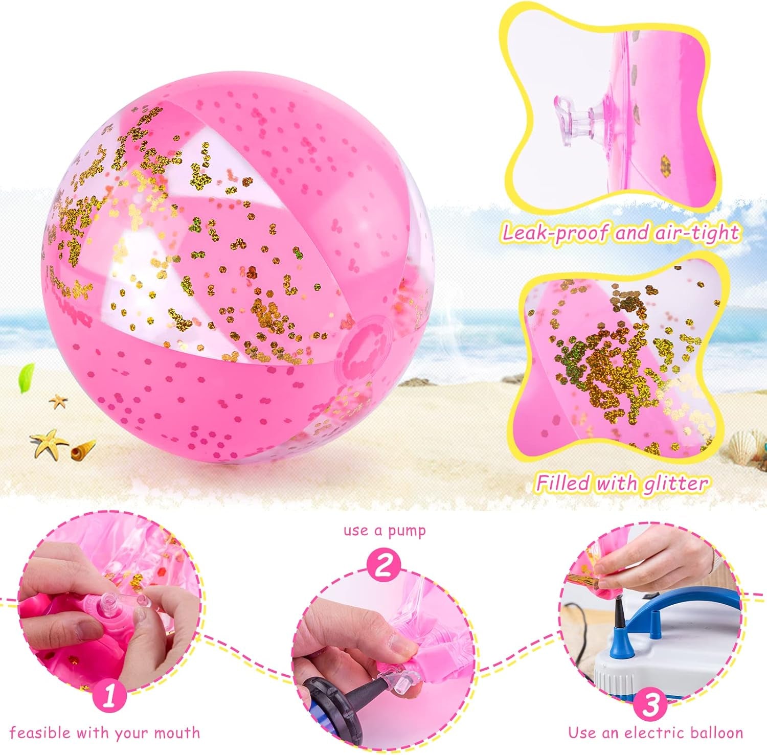 2PCS Glitter Beach Balls, 16 Inch Inflatable Pool Toys, for Beach Party Favor