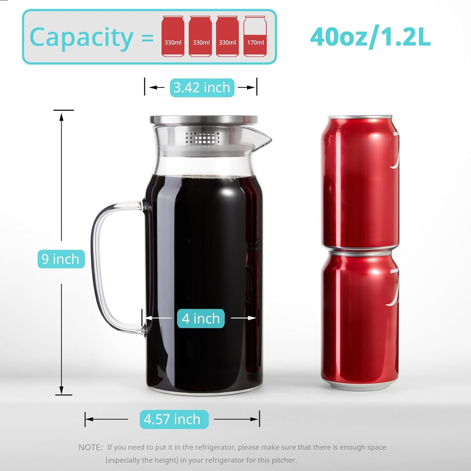 1.2 Liter 40 Oz Small Glass Pitcher with Lid and Handle, Glass Carafe for Hot/Cold Water, Iced Tea Jug for Coffee, Juice and Homemade Beverage