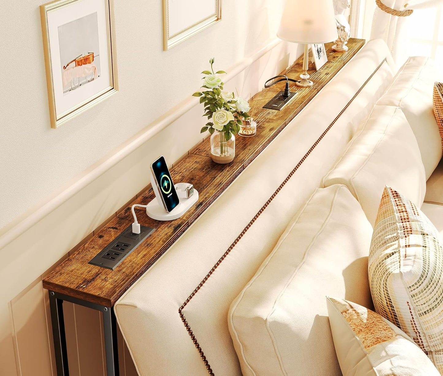 78.8-Inch Rustic Brown Narrow Console Table Set with Charging Station - Dual Sofa Tables for Living Room and Entryway