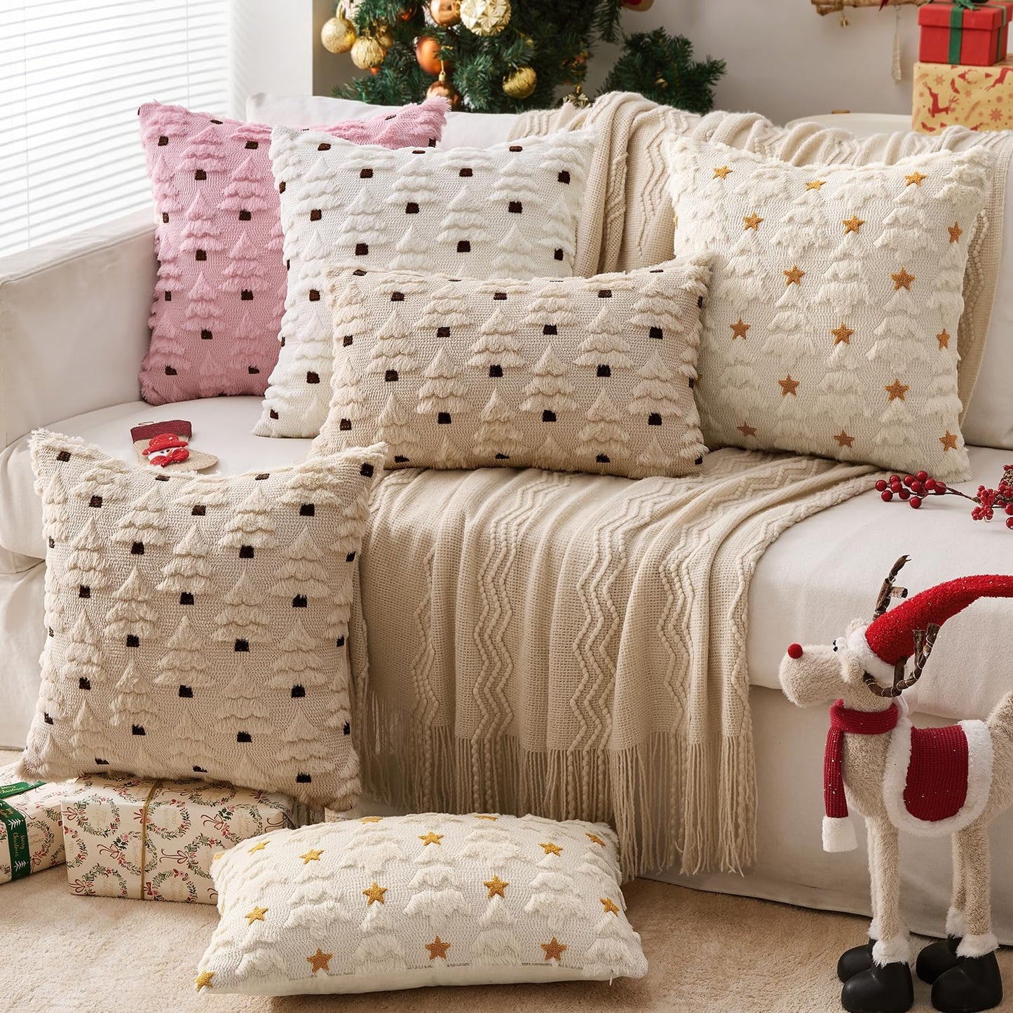 Christmas Tree Decorative Pillow Covers Faux Fur Wool Throw Pillows Soft Plush Cushion Covers Set of 2 Xmas Home Decor Winter Holiday for Sofa Couch Livingroom Bed 18X18 Inch Cream