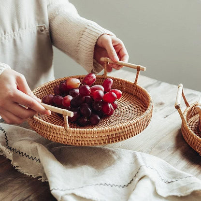 Rattan round Serving Tray Wicker Woven Bread Basket with Handles for Cracker Dinner Parties Coffee Table Breakfast (Natural 12.6 Inches)