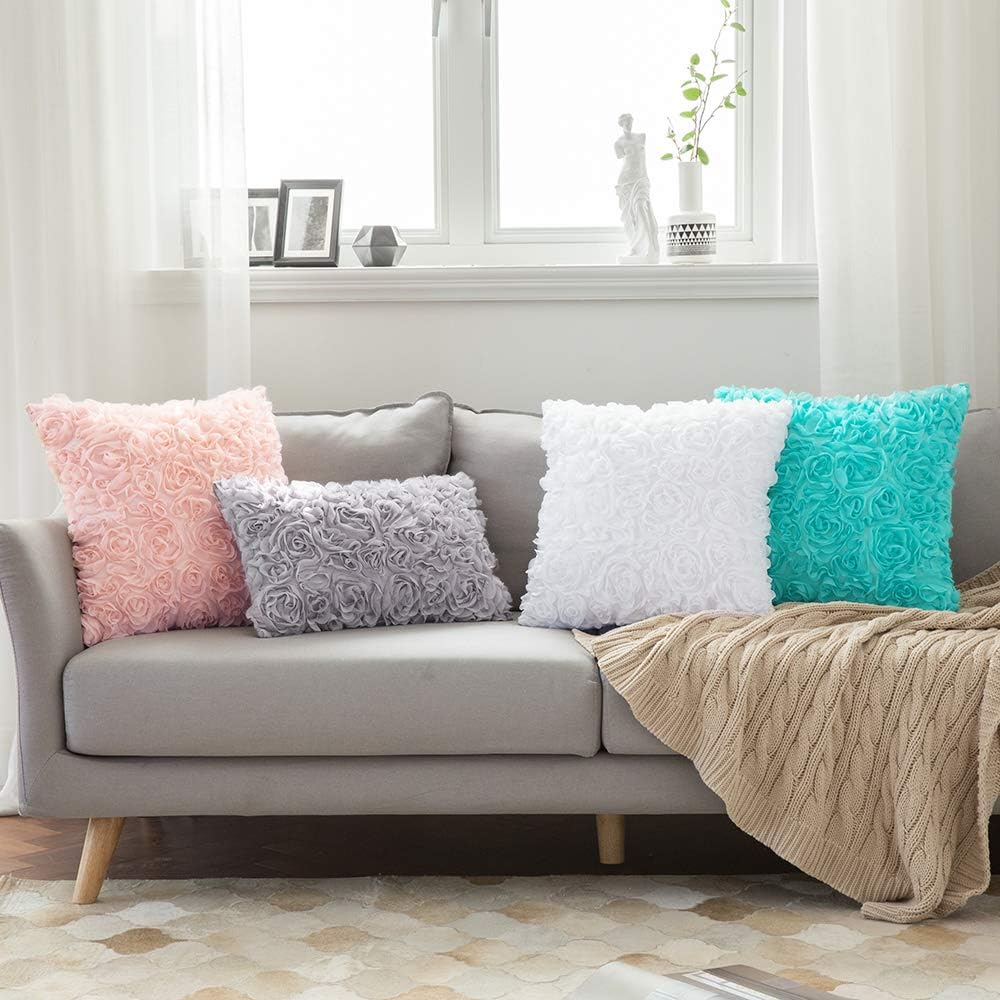 Pack of 2 3D Decorative Spring Romantic Stereo Chiffon Rose Flower Pillow Covers Solid Square Pillowcases for Valentines Day Decoration Sofa Bedroom Car 16X16 Inch 40X40Cm Peach Pink Wedding