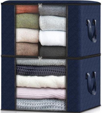 2 Pack Clothes Storage, Foldable Thick Fabric Blanket Storage Bags, Containers for Organizing Bedroom, Closet, Clothing, Comforter,Closet Organization with Handle,Blue