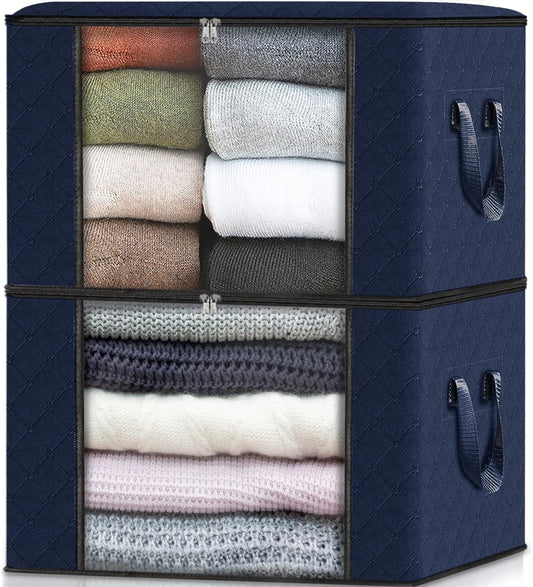 2 Pack Clothes Storage, Foldable Thick Fabric Blanket Storage Bags, Containers for Organizing Bedroom, Closet, Clothing, Comforter,Closet Organization with Handle,Blue
