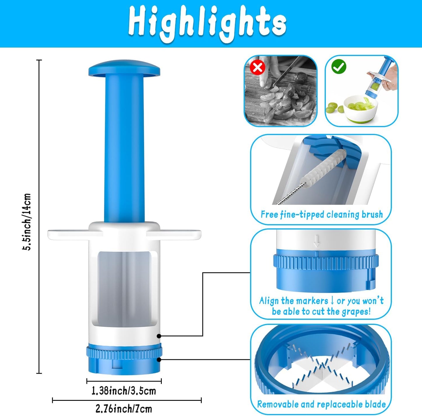 Grape Cutter, Fruit Slicer and Veggie Divider with Stainless Steel Blades for Baby Supplement- Strip Blade