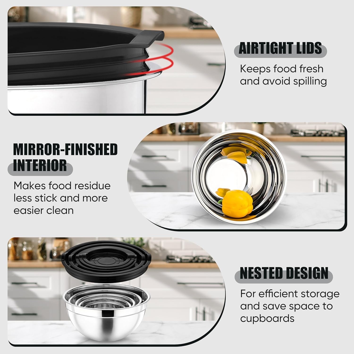 Mixing Bowl with Airtight Lid Set of 5, 10-Piece Stainless Steel Nesting Salad Bowl Set for Prepping, Mixing and Serving, Size 4.6, 3, 1.5, 1, 0.7 QT, Rimmed Edges & Flat Base, Black