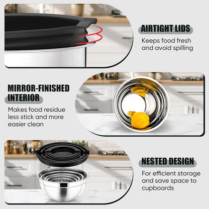 Mixing Bowl with Airtight Lid Set of 5, 10-Piece Stainless Steel Nesting Salad Bowl Set for Prepping, Mixing and Serving, Size 4.6, 3, 1.5, 1, 0.7 QT, Rimmed Edges & Flat Base, Black