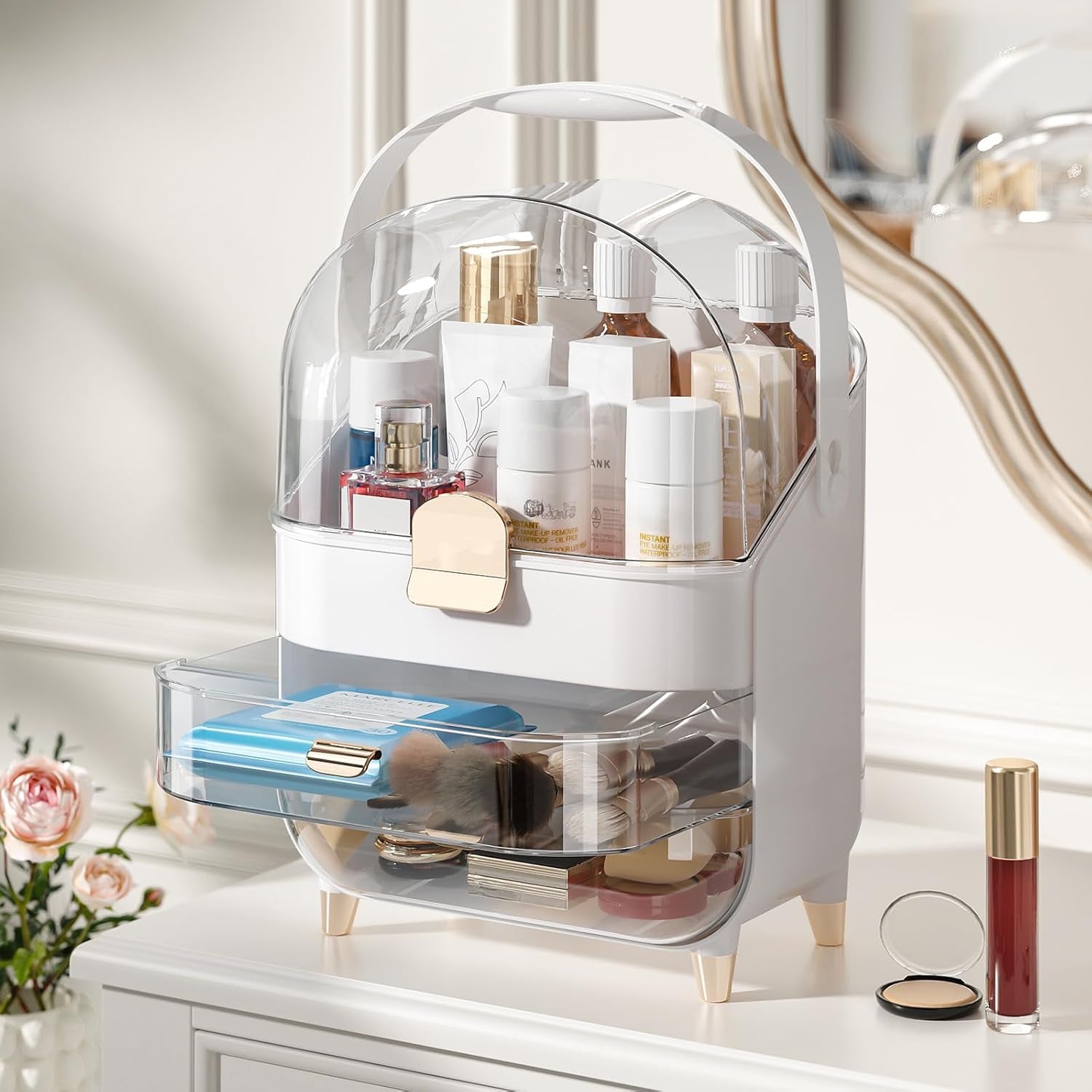 Makeup Organizer for Vanity, Skincare Organizer with Lid and Drawers, Bathroom Counter Organizer Perfume Makeup Storage, Large Cosmetic Display Case for Dresser, Bathroom Countertop, White