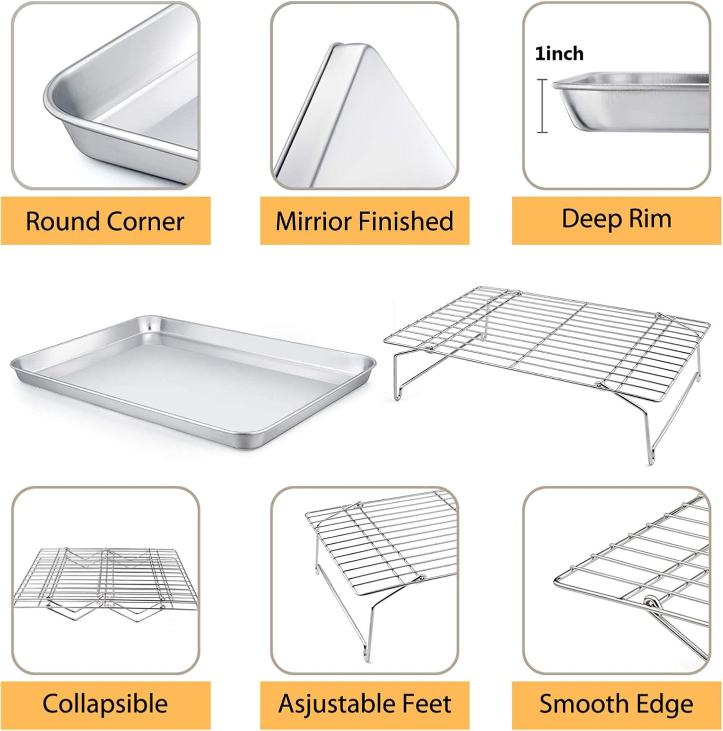 Baking Sheet and 2-Tier Cooling Racks Set,  Stainless Steel Baking Pan Tray with Stackable Cooking Wire Rack for Cookie Bacon Meat, Uncoated & Non-Toxic, Mirror Finish& Dishwasher Safe - 3Pcs