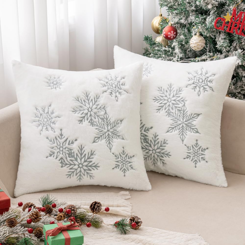 Pack of 2 Christmas Decorative Throw Pillow Covers Soft Faux Fur Pillow Cases with Embroidery Snowflake Winter Cute Pillowcases Holiday Decor for Couch Sofa Bedroom, 18×18 Inch, Grey
