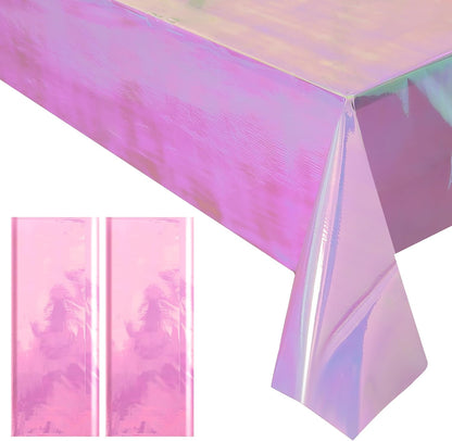 Set of 2 Pink Iridescent Disposable Tablecloths - 40 x 108 Inches Shiny Holographic Covers for Party, Wedding, and Banquet Decorations