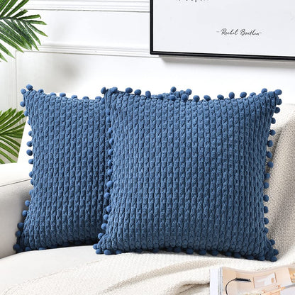 Set of 2 Dusty Blue Decorative Throw Pillow Covers 18X18 Inch with Pom-Poms for Couch Bed Sofa, Rustic Farmhouse Boho Home Decor, Soft Plush Corduroy Cute Cushion Case 45X45 Cm