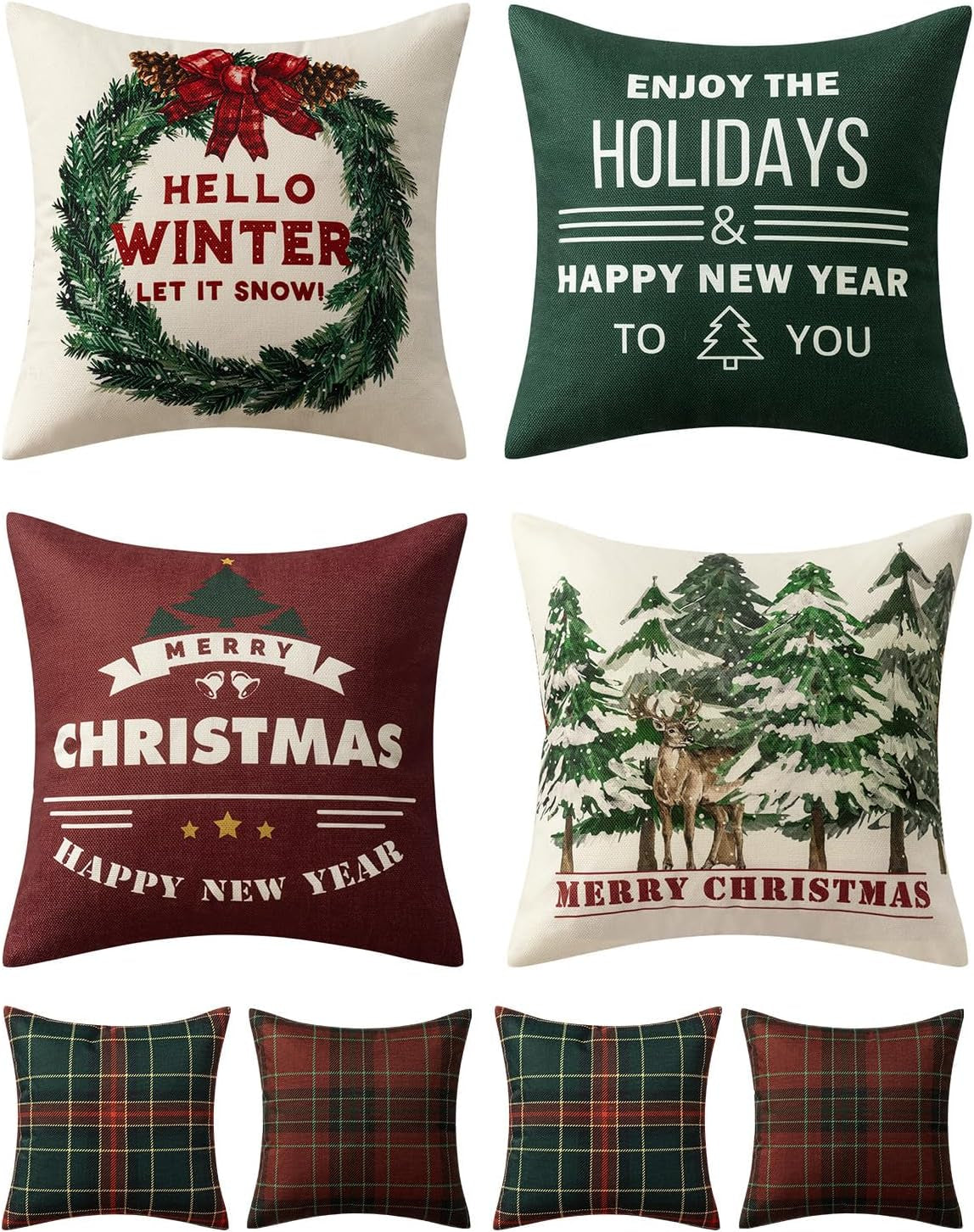 Christmas Tree Reindeer Wreath Pillow Covers Red and Green Plaid Throw Pillow Covers Set of 4 Winter Holiday Cushion Case Decoration Farmhouse Modern for Sofa Couch Home Decor,18X18 Inch