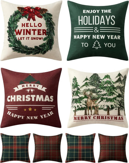 Christmas Tree Reindeer Wreath Pillow Covers Red and Green Plaid Throw Pillow Covers Set of 4 Winter Holiday Cushion Case Decoration Farmhouse Modern for Sofa Couch Home Decor,18X18 Inch