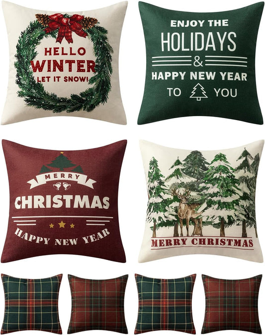 Christmas Tree Reindeer Wreath Pillow Covers Red and Green Plaid Throw Pillow Covers Set of 4 Winter Holiday Cushion Case Decoration Farmhouse Modern for Sofa Couch Home Decor,18X18 Inch