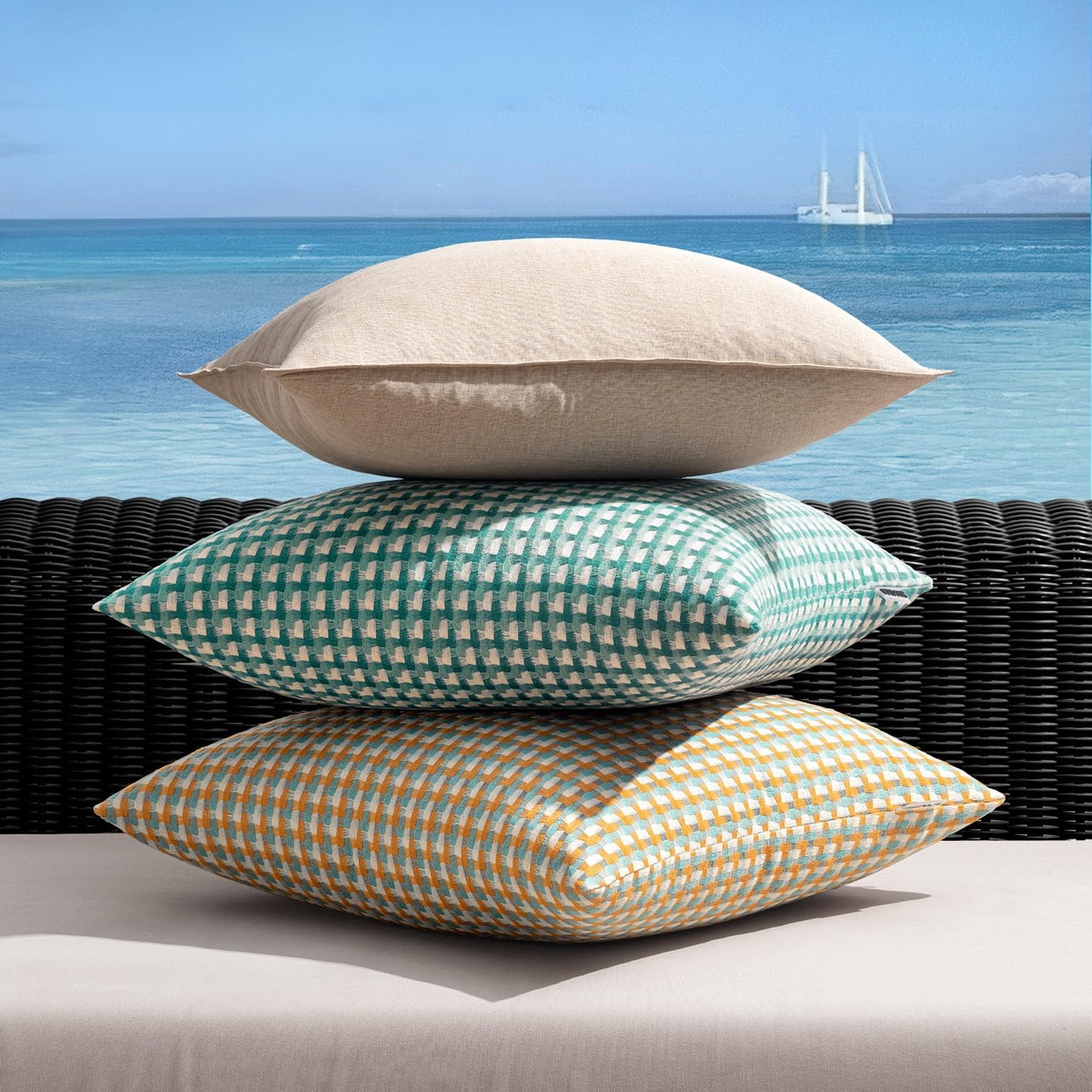 Set of 2 Waterproof Outdoor Throw Pillow Covers - Decorative Farmhouse Square Pillows for Tent, Patio, Garden, Balcony, and Sofa - 16x16 Inches in Orange and Green