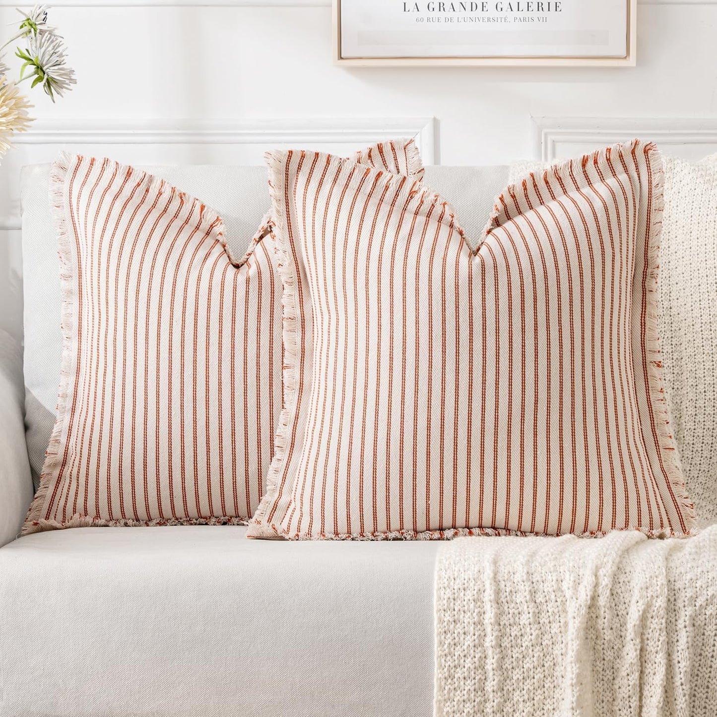 Fall Pack of 2 Rust Pillow Covers 20X20 Inch Striped Farmhouse Couch Throw Pillow Covers with Fringe Chic Linen Decorative Cushion Covers for Sofa Living Room Bed Outdoor Home Decor