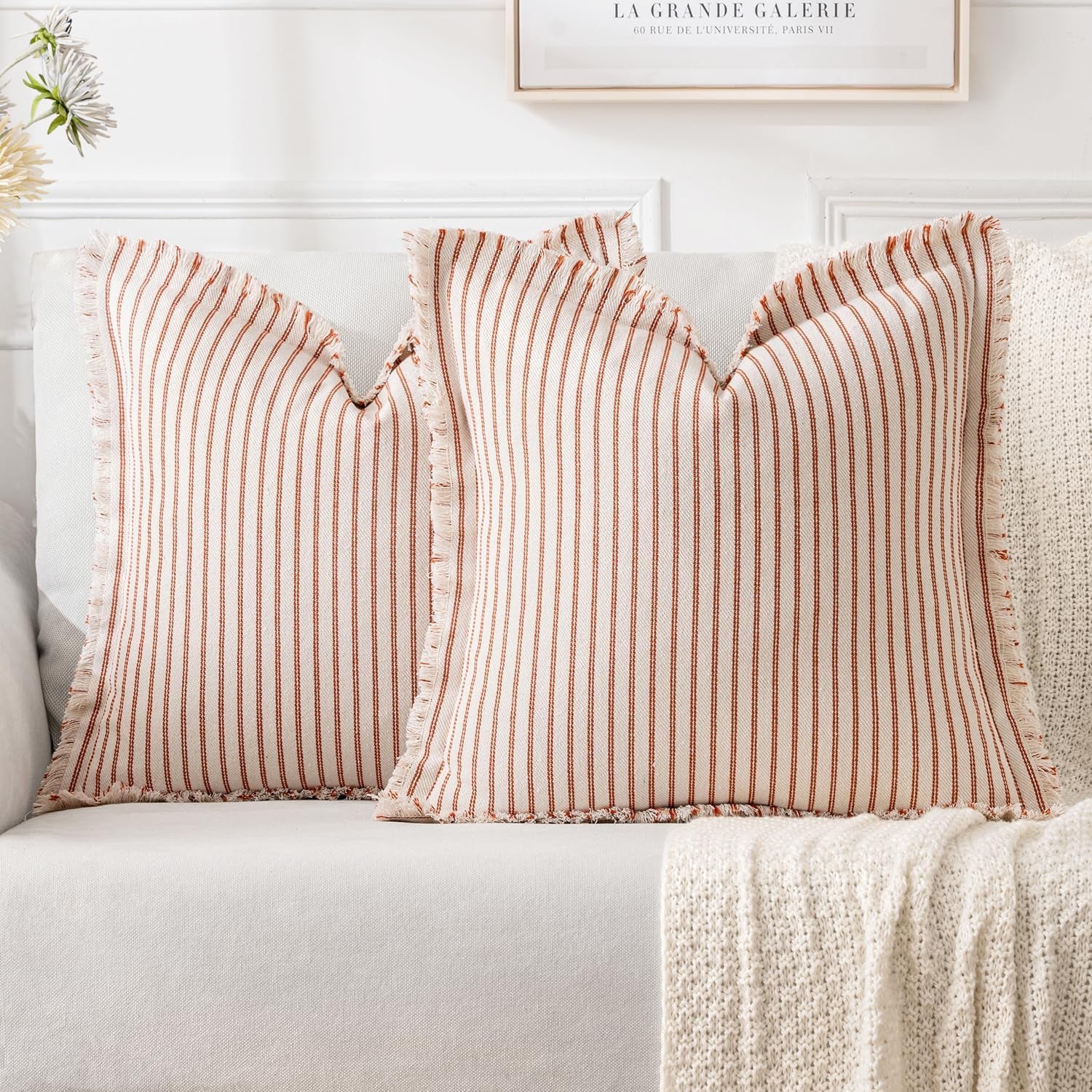 Fall Pack of 2 Rust Pillow Covers 20X20 Inch Striped Farmhouse Couch Throw Pillow Covers with Fringe Chic Linen Decorative Cushion Covers for Sofa Living Room Bed Outdoor Home Decor