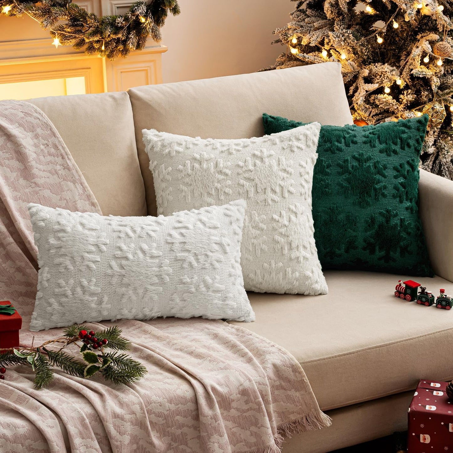 Christmas Snowflake Decorative Throw Pillow Covers Set of 2,Soft Fluffy Faux Wool Winter Holiday Couch Pillows for Farmhouse Boho Home Decor Sofa Bed Porch Living Room 18X18 Inch Cream White