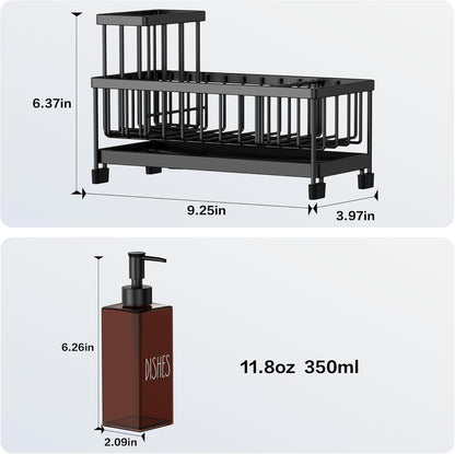 Dish Soap Dispenser, 12 Fl Oz Dual Kitchen Soap Dispensers with Sponge Holder, Plastic Pump Amber Glass Bottle Kitchen Soap Dispenser Set, Modern Hand and Dish Soap Bottle Set Removable