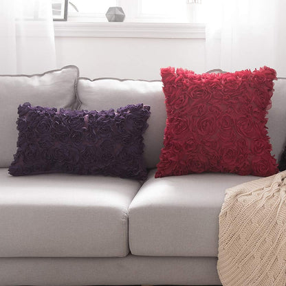 Pack of 2 3D Decorative Christmas Romantic Stereo Chiffon Rose Flower Pillow Covers Solid Square Festival Pillowcases for Valentines Day Sofa Bedroom Car 18X18 Inch Wine Red Wedding