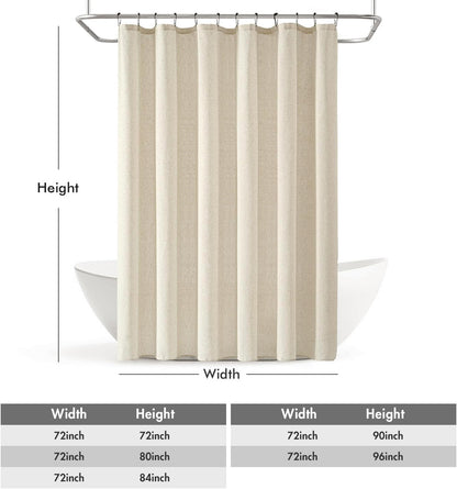Linen Shower Curtain with 12 Metal Hooks Washable Country Boho Farmhouse Heavy Buttonhole Fabric Shower Curtain Set Thick Cloth Neutral Waterproof Curtains for Bathroom W72*L72, Natural