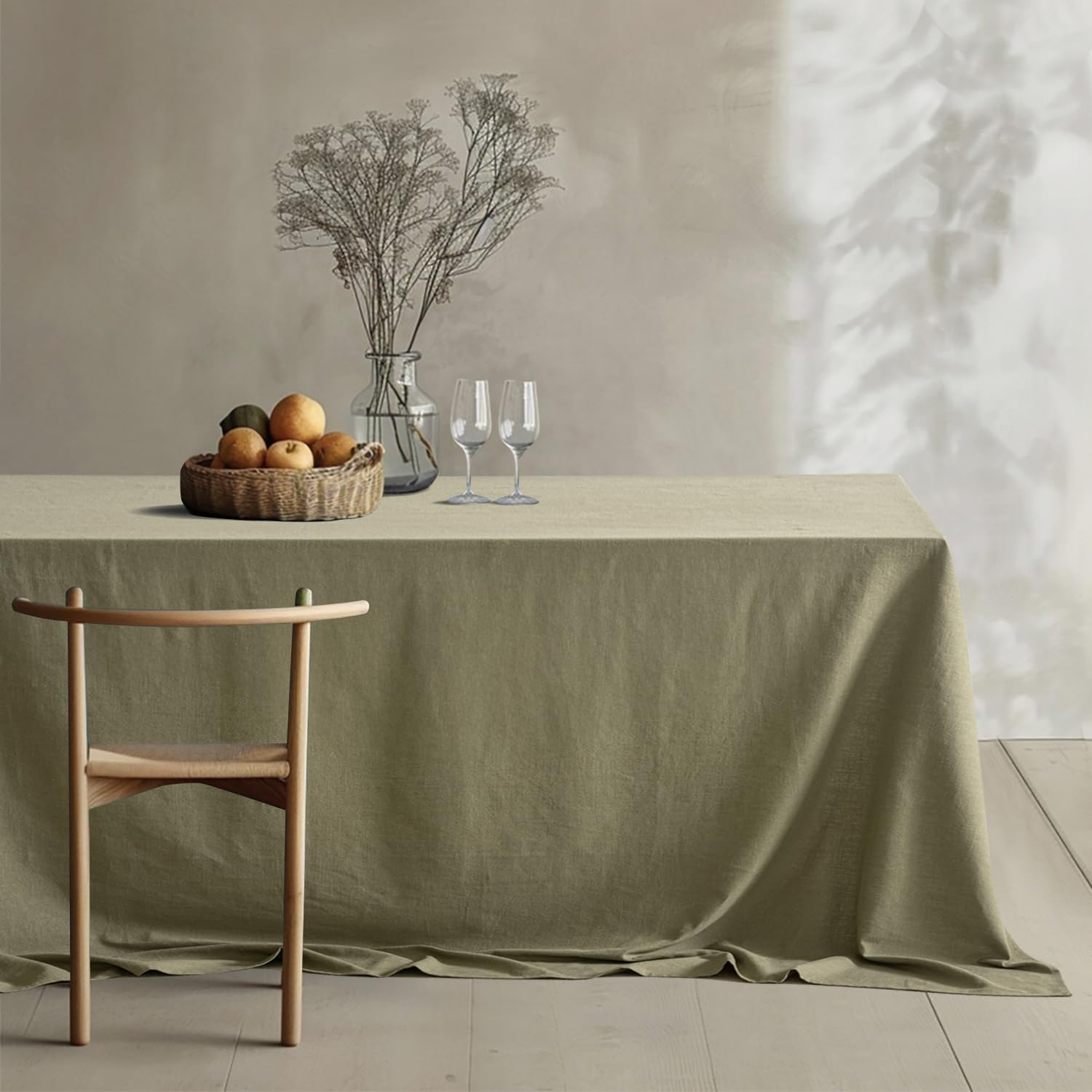 Linen Cotton Blend Tablecloth Rectangle, Luxury Waterproof Stain Resistant Durable Farmhouse Oblong Table Cloth for Dining Party Weddings Birthday Events Boho Decor, 52 X 84 Inch, Olive Green
