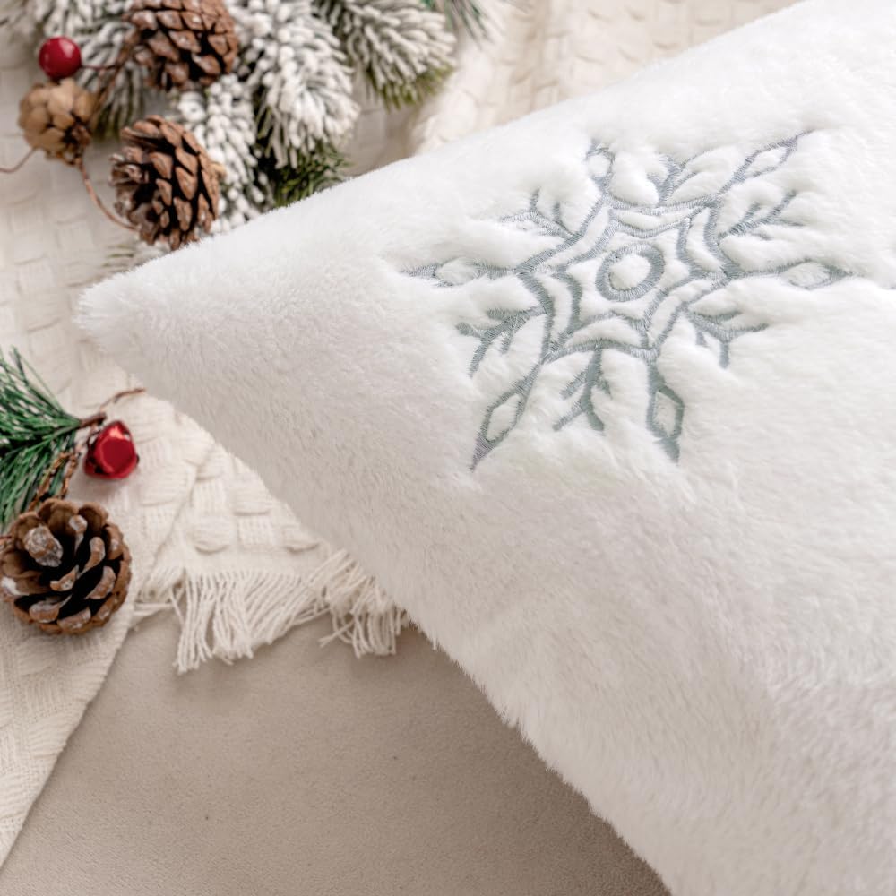 Pack of 2 Christmas Decorative Throw Pillow Covers Soft Faux Fur Pillow Cases with Embroidery Snowflake Winter Cute Pillowcases Holiday Decor for Couch Sofa Bedroom, 18×18 Inch, Grey