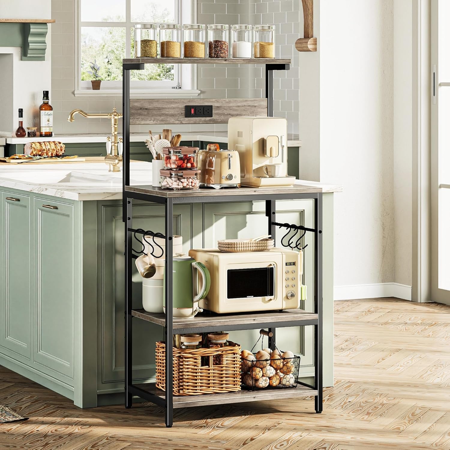 Professional Kitchen Bakers Rack with Power Outlet, Multi-Tier Coffee Bar Table, Microwave Stand, and Storage Shelf with S-Hooks - Greige