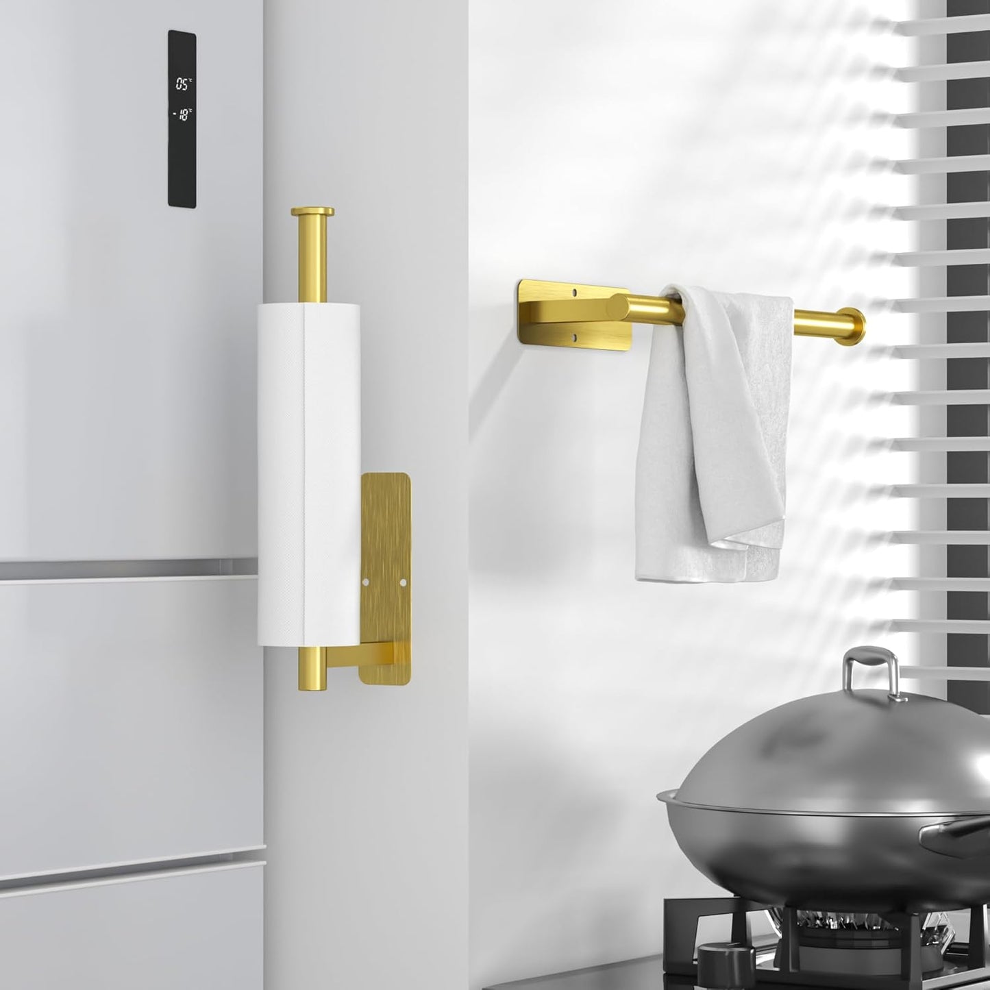 Gold Paper Towel Holder under Cabinet Mount Self Adhesive, Wall Mount Paper Towel Holder Wall Mounted Hanging Towels Holders for Kitchen