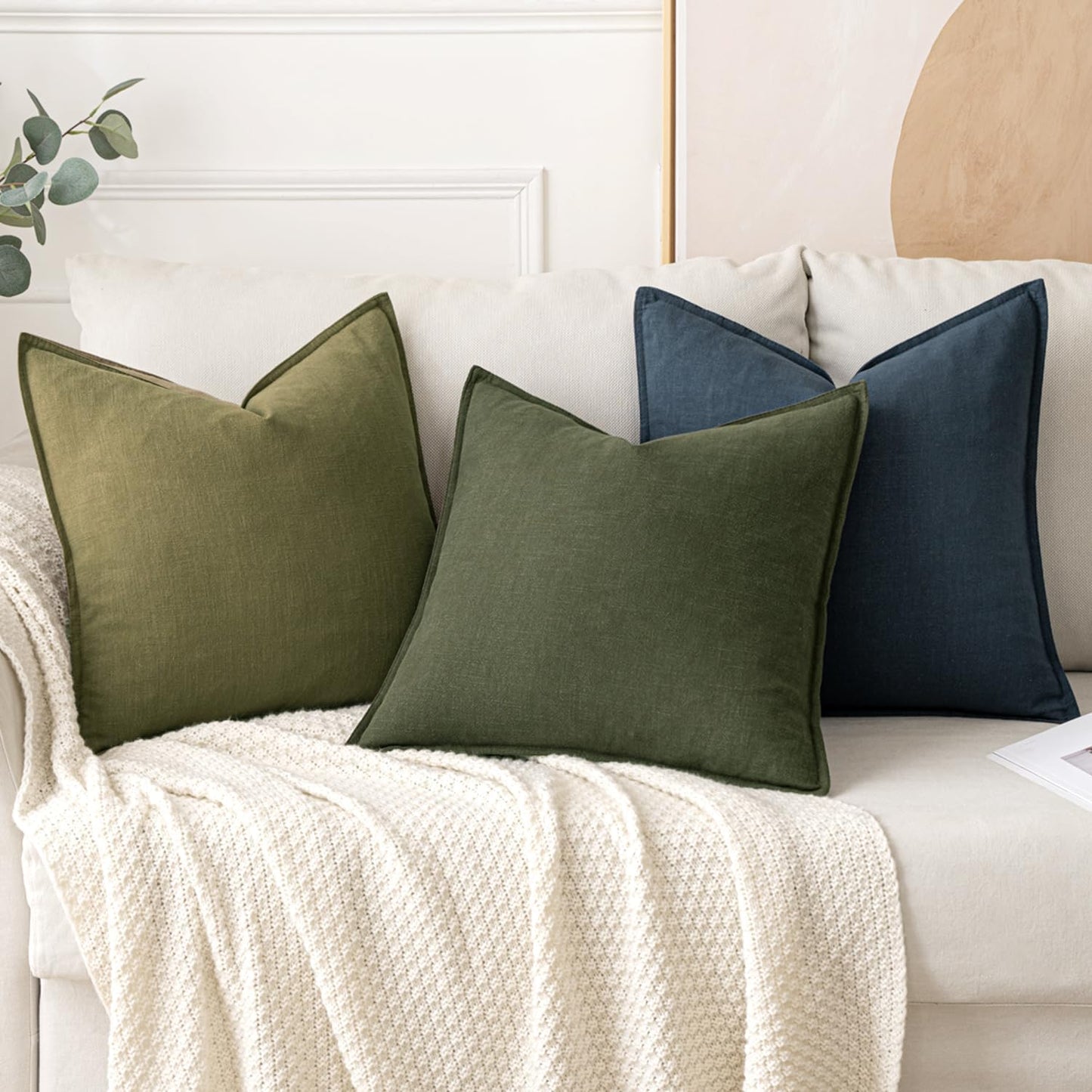 Decorative Linen Pillow Covers 18X18 Inch Blue ​Boho Farmhouse​ ​Neutral Couch Throw Pillows for Bed Pack of 2 Accent Coastal Modern Pillowcase Summer Sofa Livingroom Home Decor