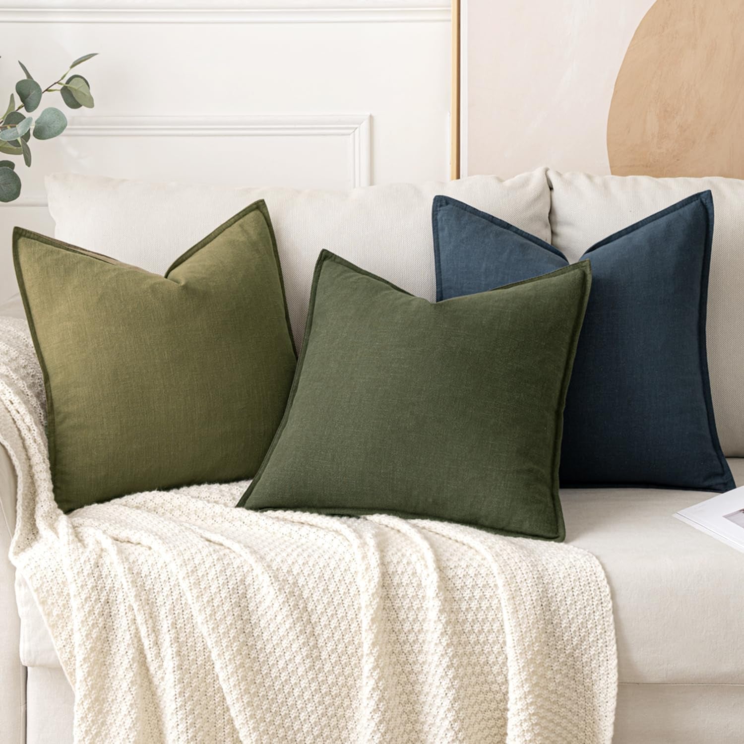 Decorative Linen Pillow Covers 18X18 Inch Blue ​Boho Farmhouse​ ​Neutral Couch Throw Pillows for Bed Pack of 2 Accent Coastal Modern Pillowcase Summer Sofa Livingroom Home Decor