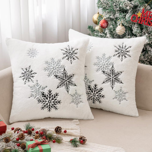 Pack of 2 Christmas Decorative Throw Pillow Covers Soft Faux Fur Pillow Cases with Embroidery Snowflake Winter Cute Pillowcases Holiday Decor for Couch Sofa Bedroom, 18×18 Inch, Black