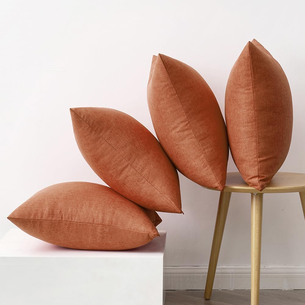 Fall Pack of 4 Decorative Rust Throw Pillow Covers Linen Waterproof Pillow Covers Outdoor Farmhouse Cushion Cases for Patio Garden Tent Balcony Couch Sofa 18X18 Inch