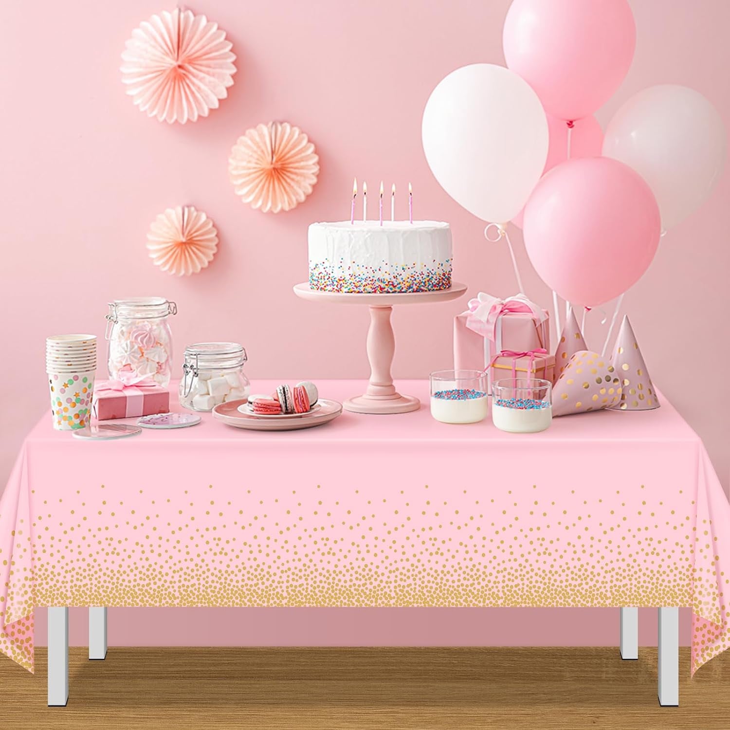 1 Pack Pink and Gold Plastic Tablecloth for Parties, Pink Disposable Table Cloth for Rectangle Tables, Gold Stamping Dot Confetti Light Pink Tablecloth for Birthday Wedding Baby Shower Party, 54X108"