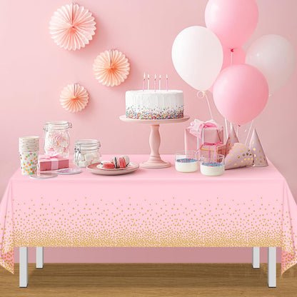 1 Pack Pink and Gold Plastic Tablecloth for Parties, Pink Disposable Table Cloth for Rectangle Tables, Gold Stamping Dot Confetti Light Pink Tablecloth for Birthday Wedding Baby Shower Party, 54X108"